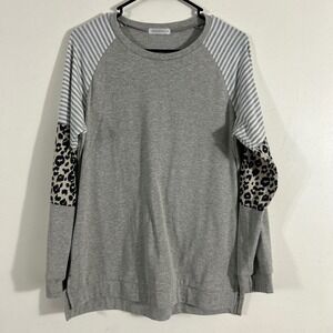 Tournesol Sweatshirt Womens Medium Gray Excellent Leopard Stripe Mixed Media Top